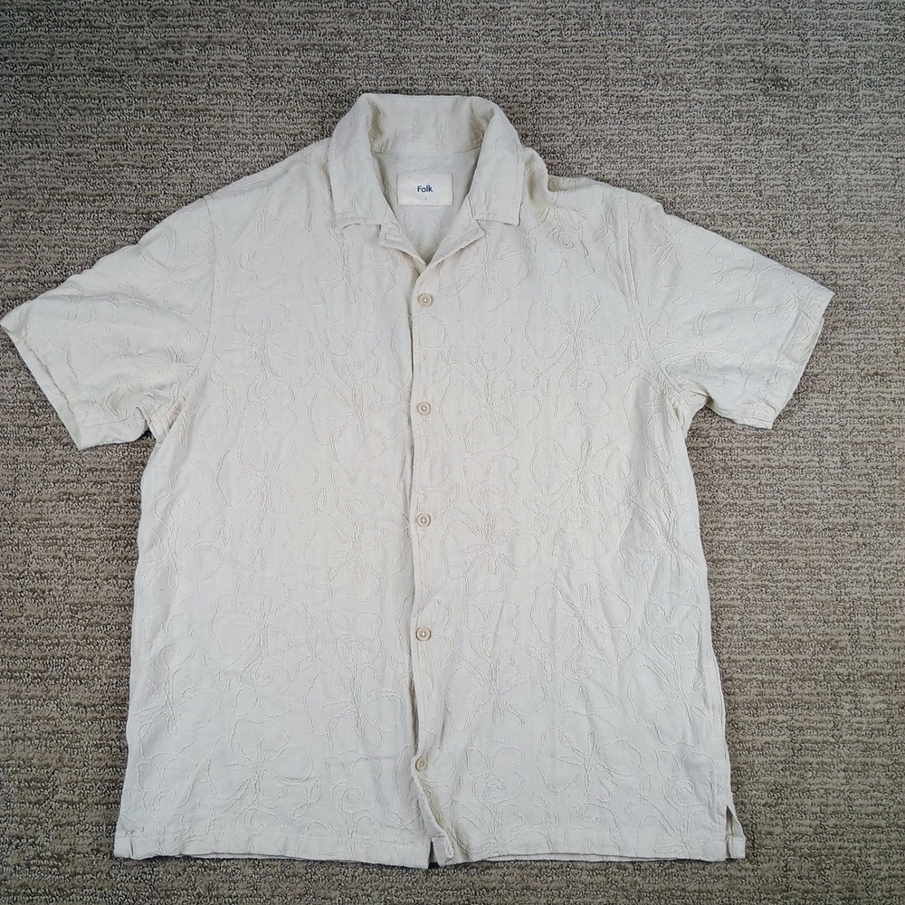 Folk Short Sleeve Button Down Shirt Mens Large Cream Floral Embroidered Boho
